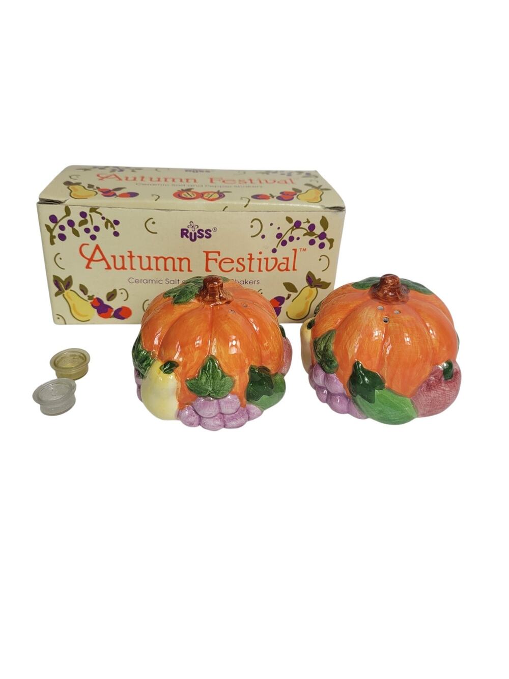 Vintage Russ Autumn Festival Pumpkin Salt & Pepper Shaker Hand Painted w/Org Box